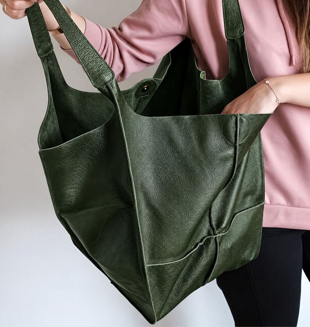 Italian Luxury Boutique Vegan Leather Tote Shoulder Bag Forest Green NWOT - Picture 7 of 7
